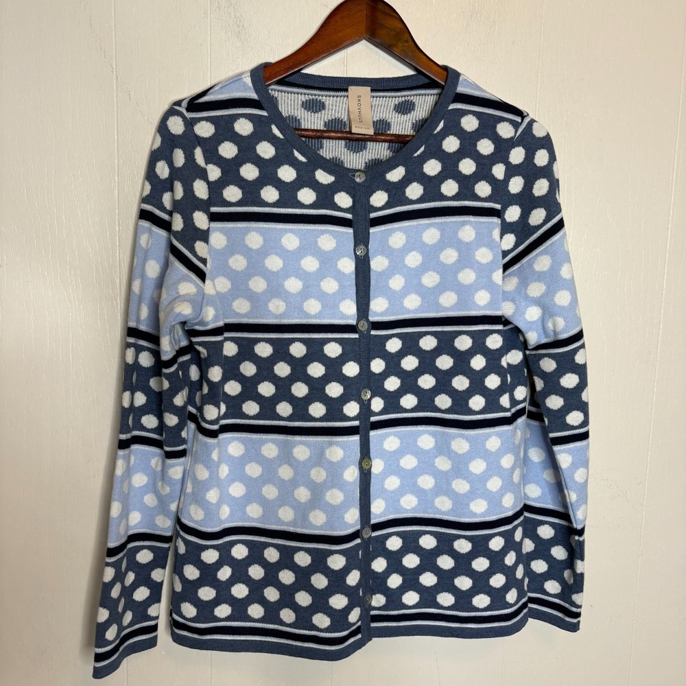 Skovhuus Cardigan M Blue White Polka Dot Button Front Modern Nautical Preppy